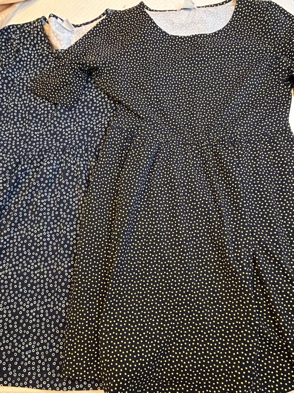 Lot of 2 - NY & Co dresses: Navy/yellow Polka Dot & navy teal circles XL stretch